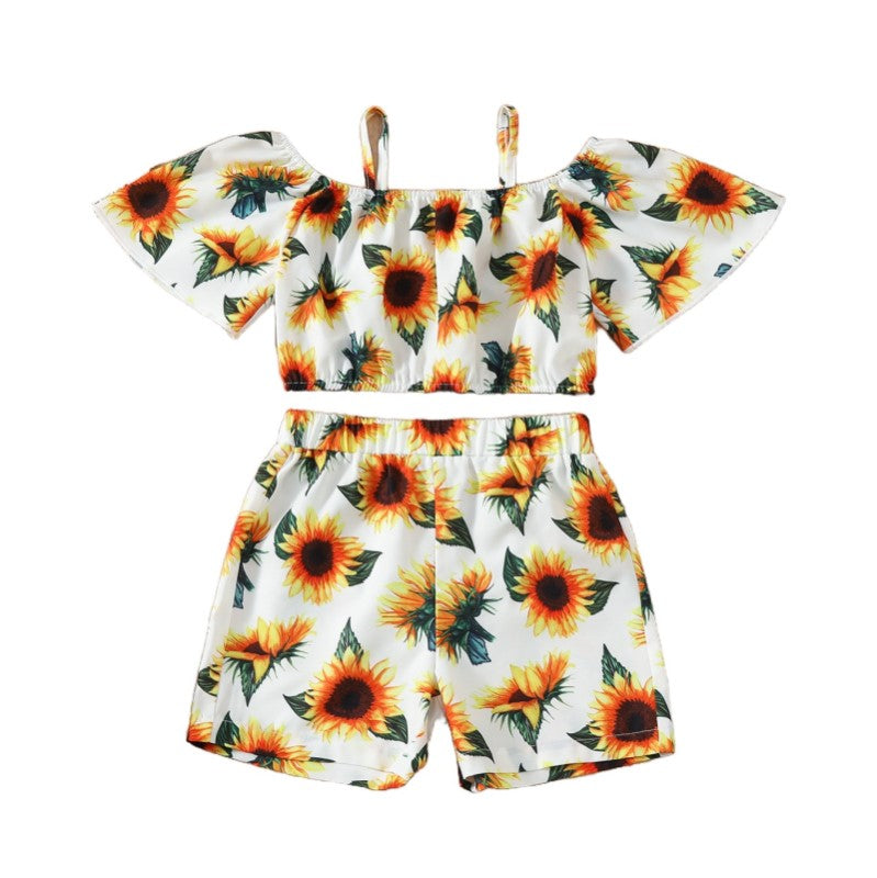 Girls White & Orange Shoulder Straps Printed Top with Shorts