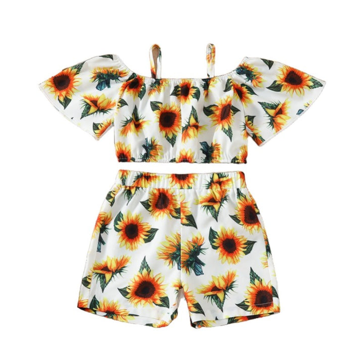 Girls White & Orange Shoulder Straps Printed Top with Shorts