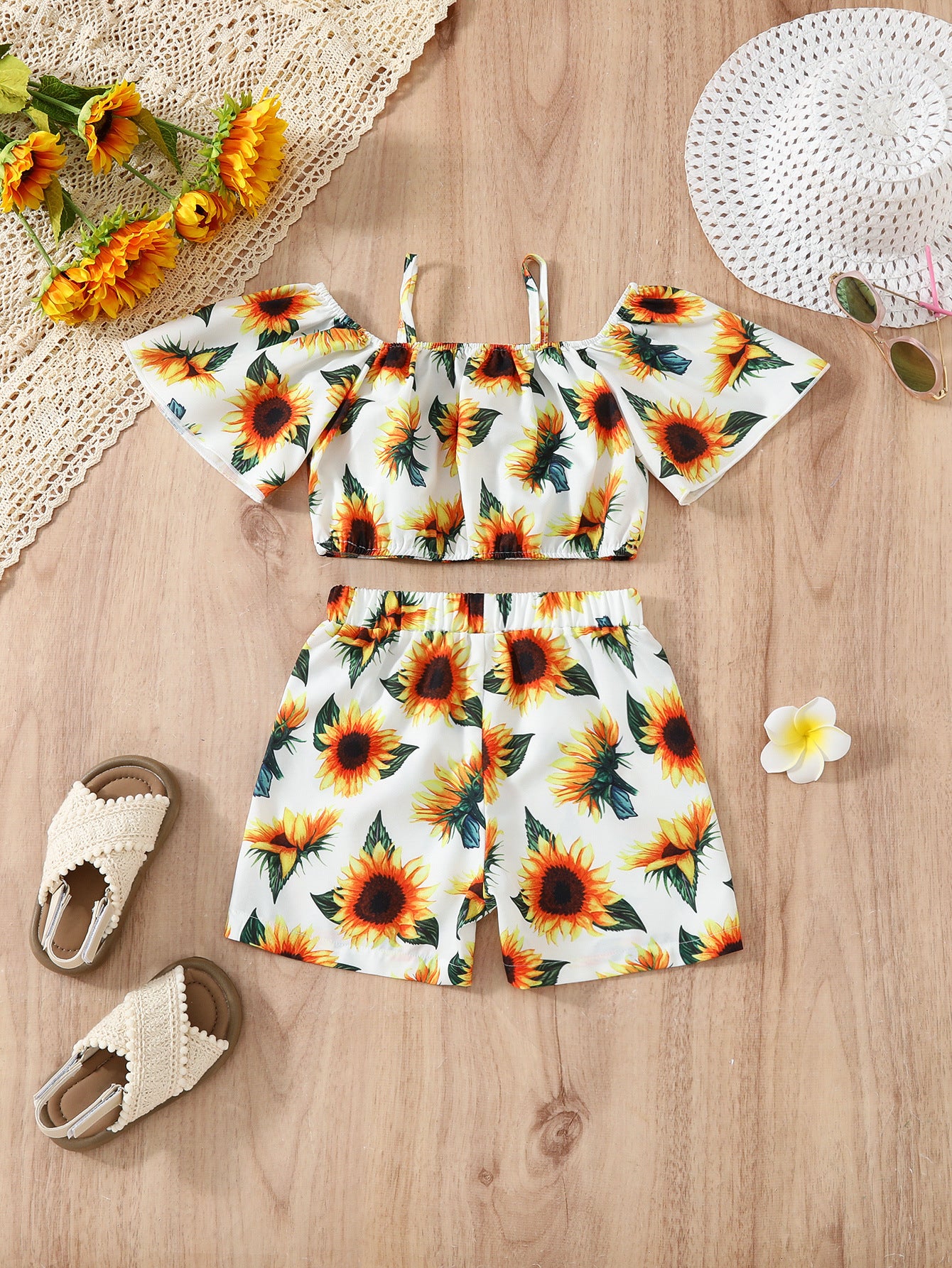 Girls White & Orange Shoulder Straps Printed Top with Shorts