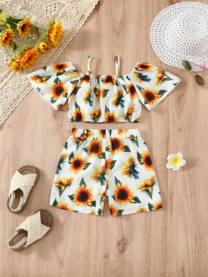 Girls White & Orange Shoulder Straps Printed Top with Shorts