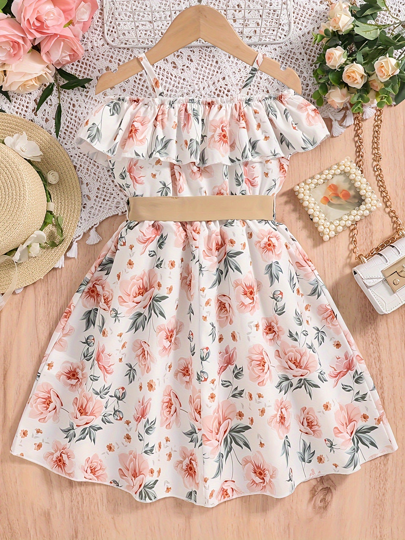 Girls Floral Print Cold-Shoulder Fit & Flare Maxi Dress