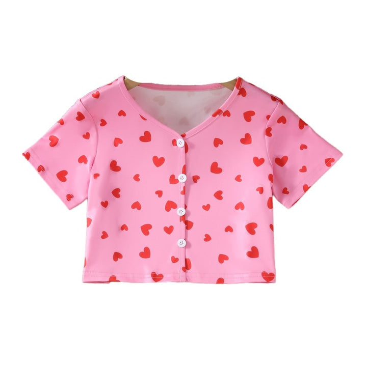 Girls Pink & Red Printed V-Neck Cotton T-shirt