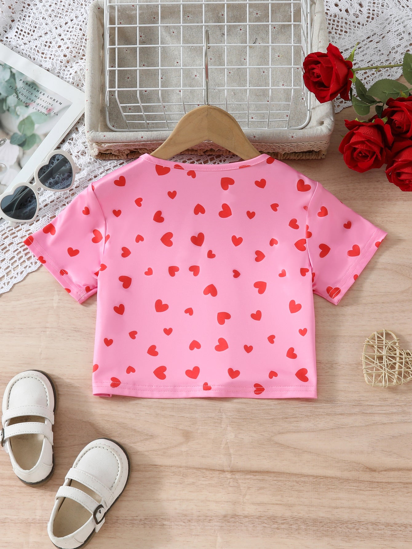 Girls Pink & Red Printed V-Neck Cotton T-shirt