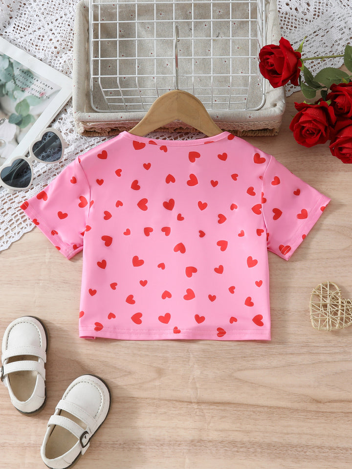 Girls Pink & Red Printed V-Neck Cotton T-shirt