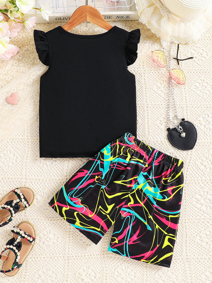 Girls Black & Pink Typography Printed Round Neck T-shirt with Shorts