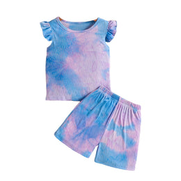 Girls Blue & Purple Abstract Dyed Round Neck T-shirt with Shorts