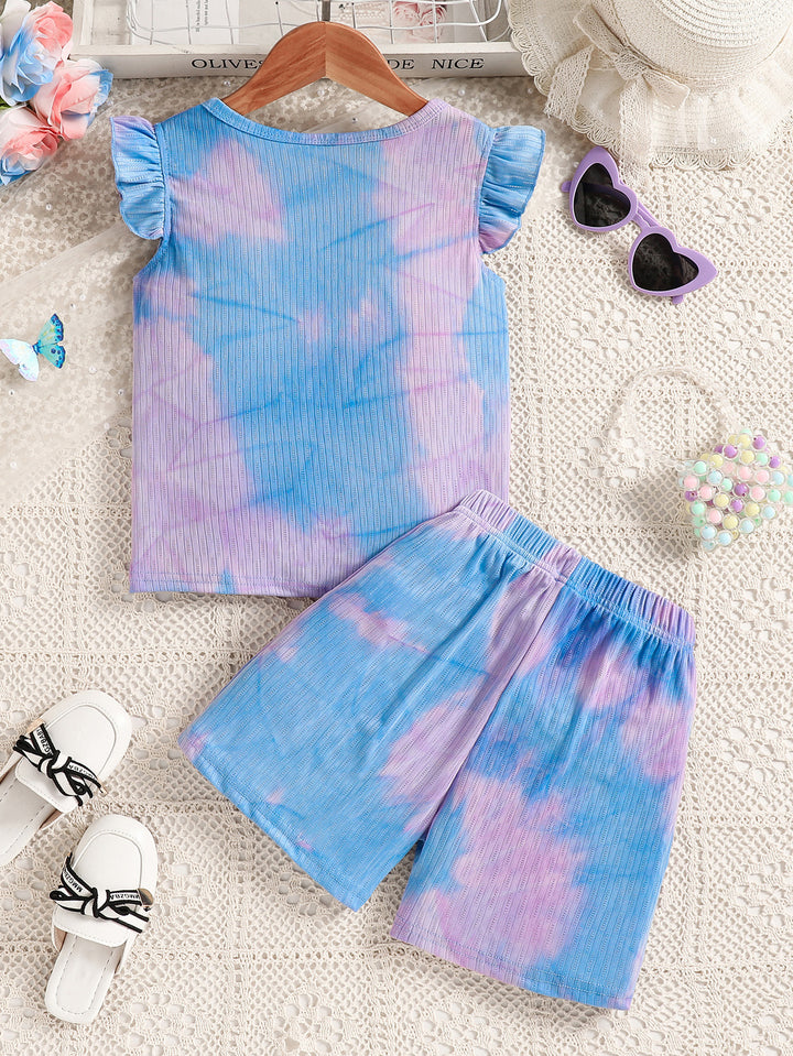 Girls Blue & Purple Abstract Dyed Round Neck T-shirt with Shorts