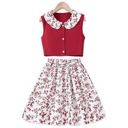 Red Girls Printed Top with Skirt