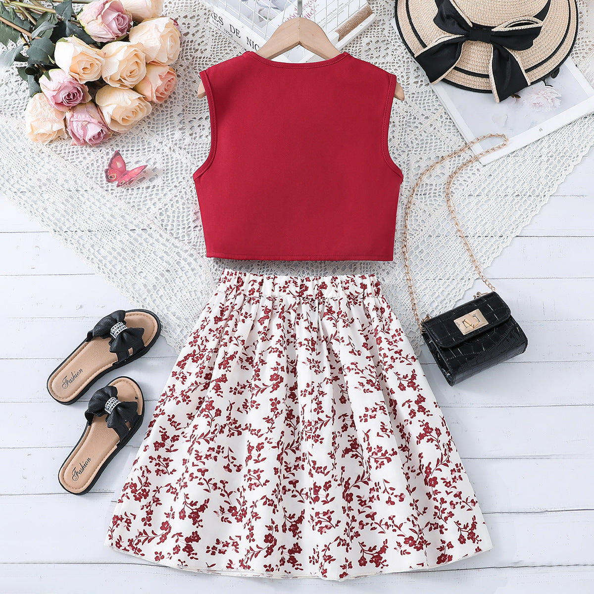 Red Girls Printed Top with Skirt