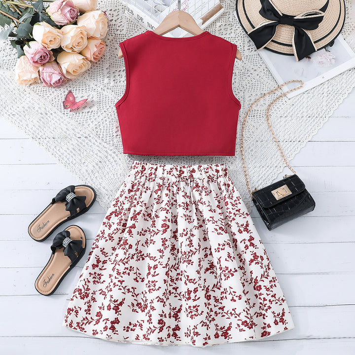Red Girls Printed Top with Skirt