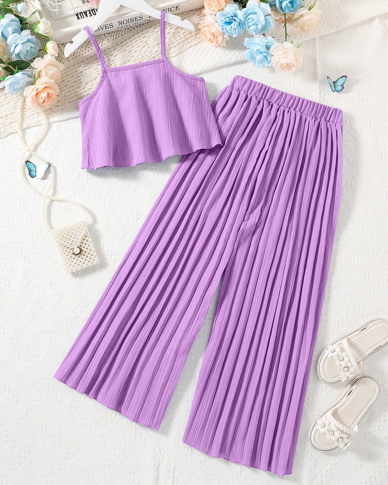 Girls Shoulder Straps Accordion Pleated Top With Palazzos