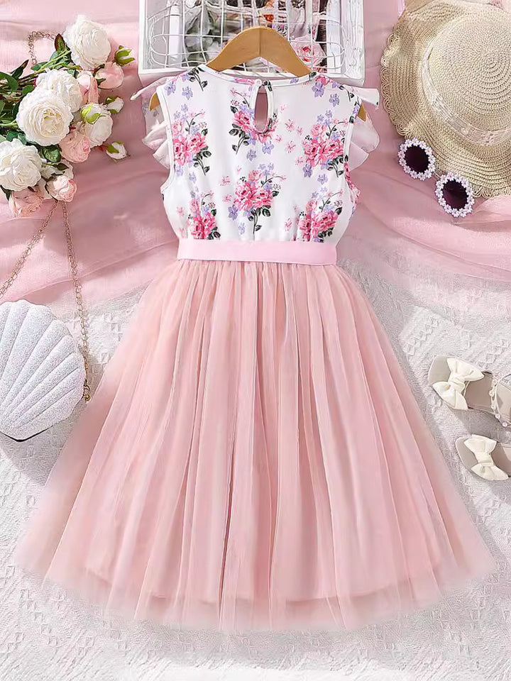 Girls Pink & White Floral Print Fit & Flare Dress