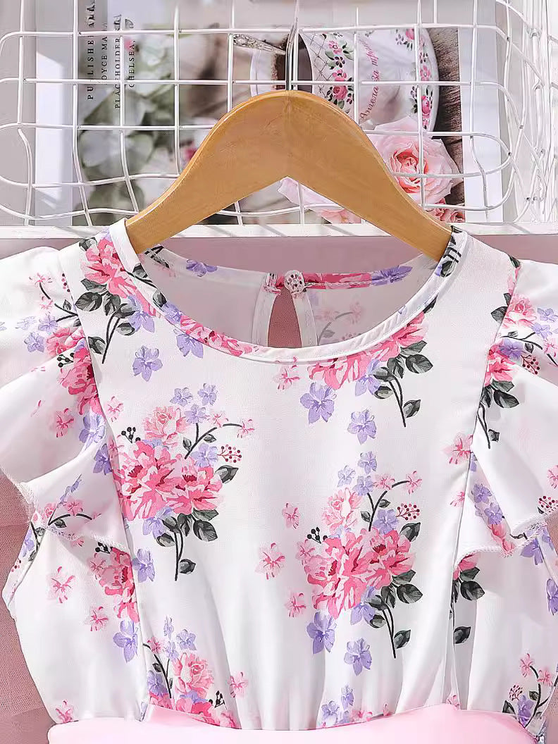 Girls Pink & White Floral Print Fit & Flare Dress