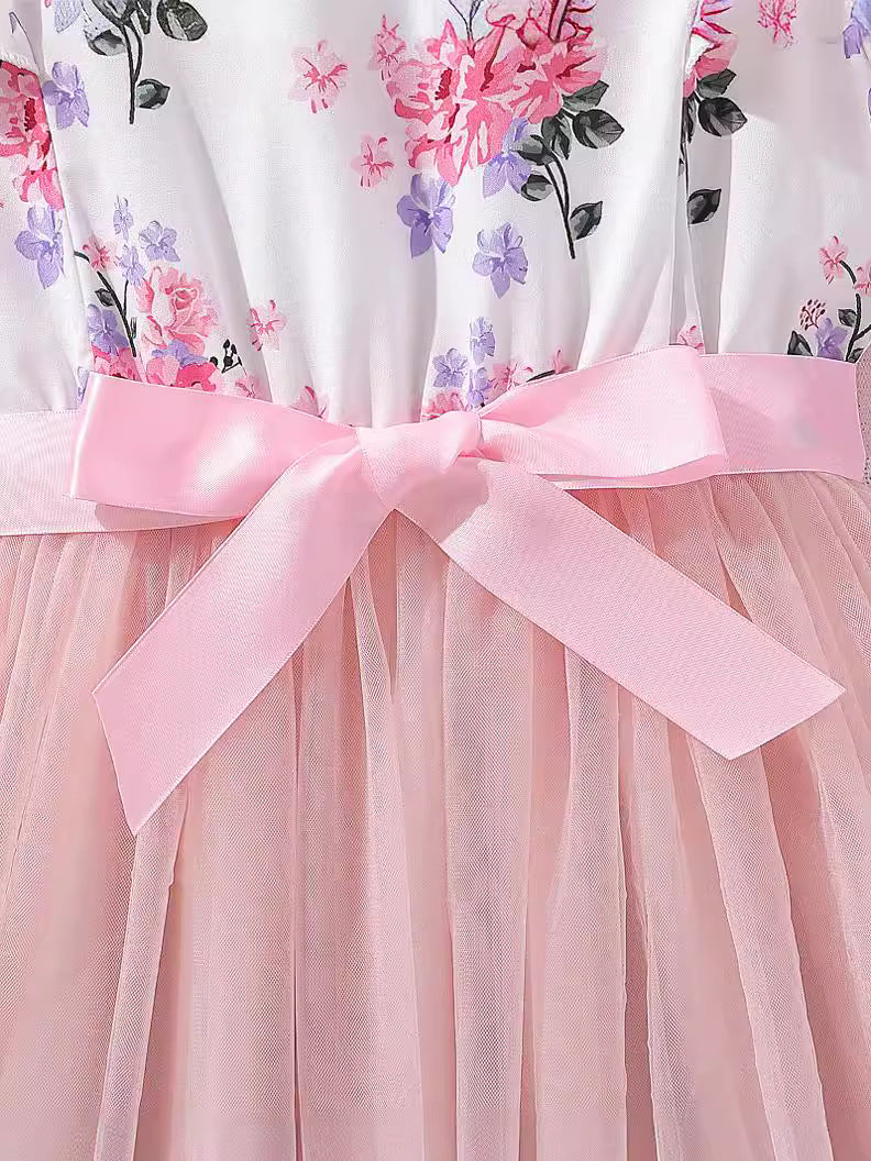 Girls Pink & White Floral Print Fit & Flare Dress