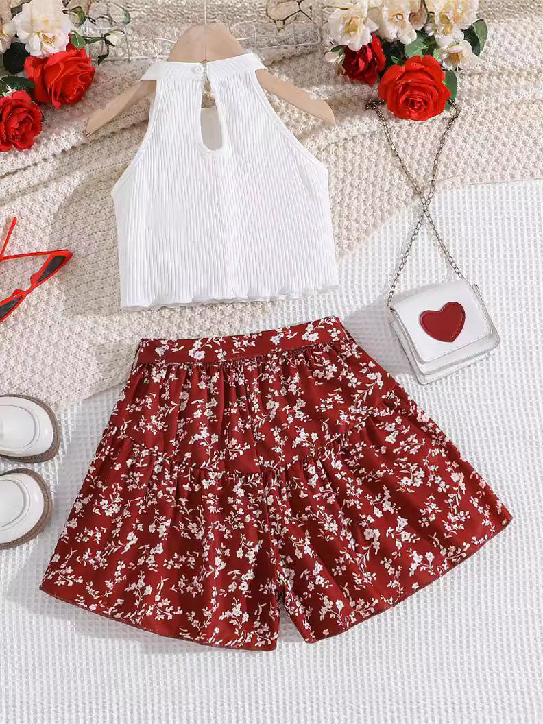 Girls White & Maroon Top with Shorts