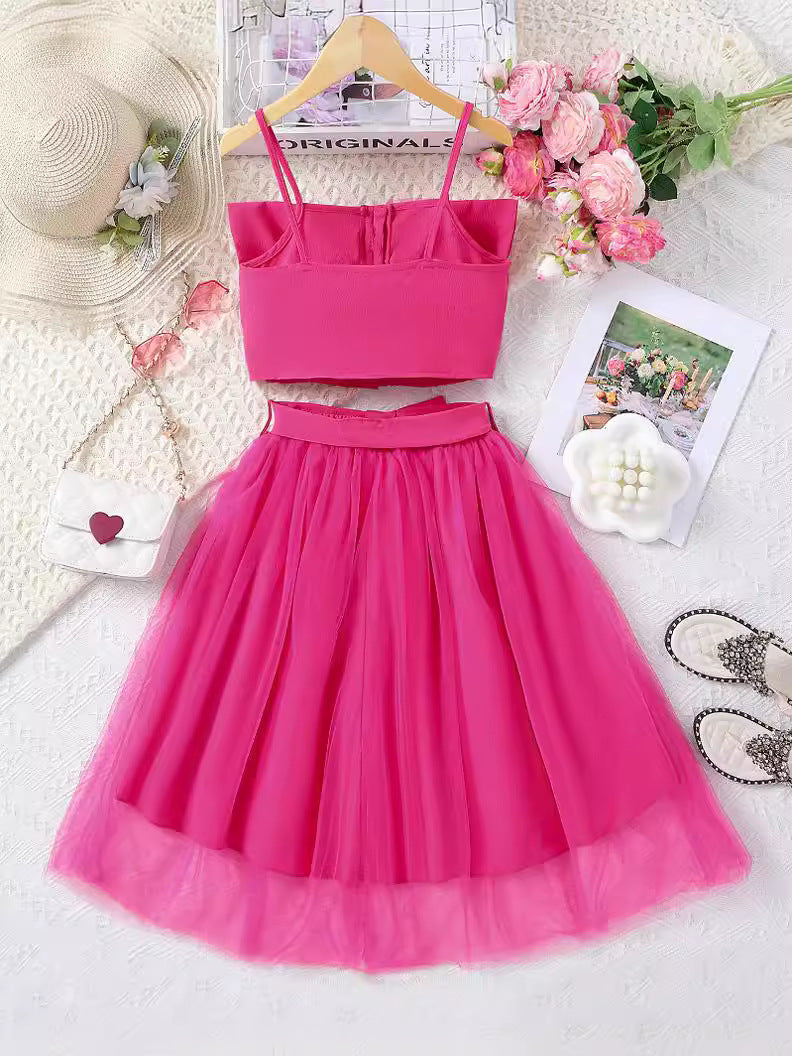 Girls Shoulder Straps Sleeveless Top with Skirt