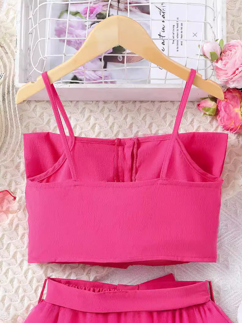 Girls Shoulder Straps Sleeveless Top with Skirt