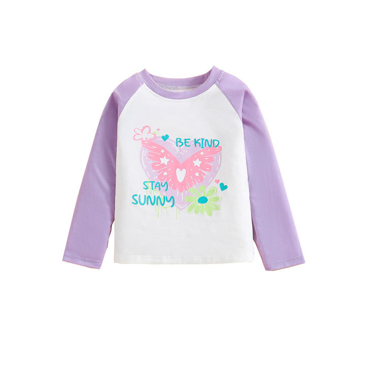 Girls Purple & White Graphic Print Round Neck Top