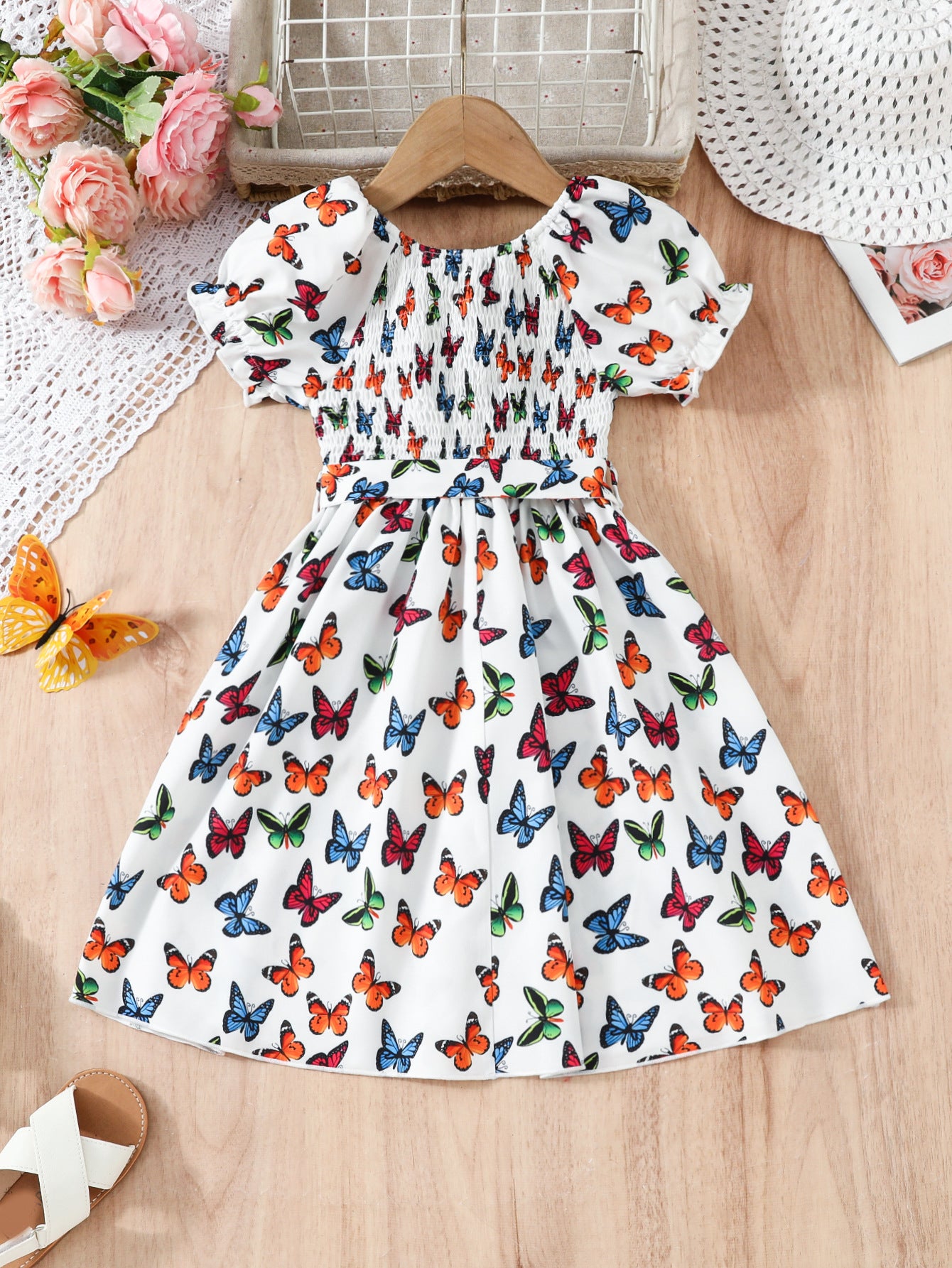 Girls Floral Print Puff Sleeve Fit & Flare Dress