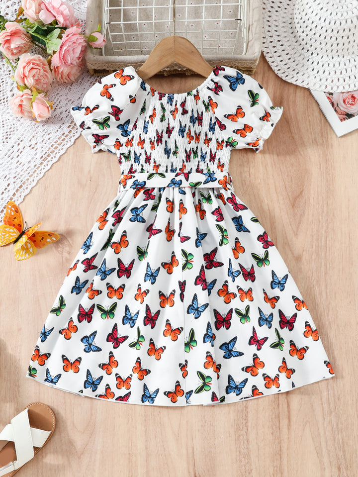 Girls Floral Print Puff Sleeve Fit & Flare Dress
