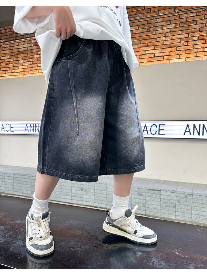 Black Boys Printed Loose Fit Cotton Denim Shorts