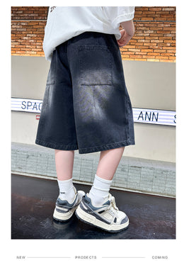 Black Boys Printed Loose Fit Cotton Denim Shorts