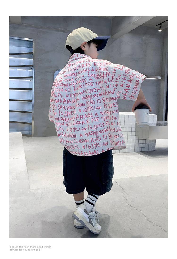 Boys Spread Collar Typographic Printed Regular Fit Casual Shirt