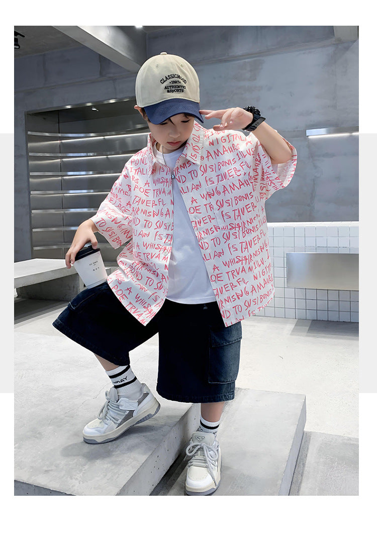 Boys Spread Collar Typographic Printed Regular Fit Casual Shirt