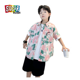 Boys Pink & Black Shirt Collar Printed Pure Cotton Shirt with Shorts
