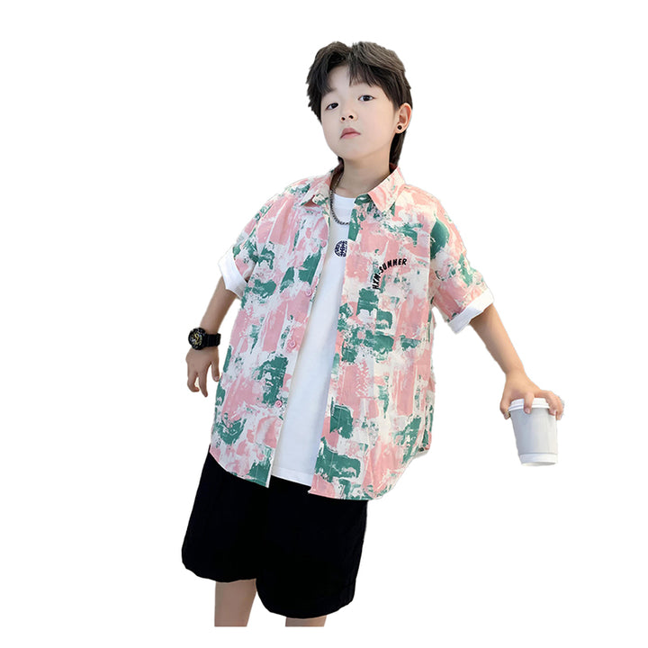 Boys Pink & Black Shirt Collar Printed Pure Cotton Shirt with Shorts