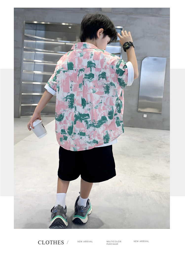 Boys Pink & Black Shirt Collar Printed Pure Cotton Shirt with Shorts