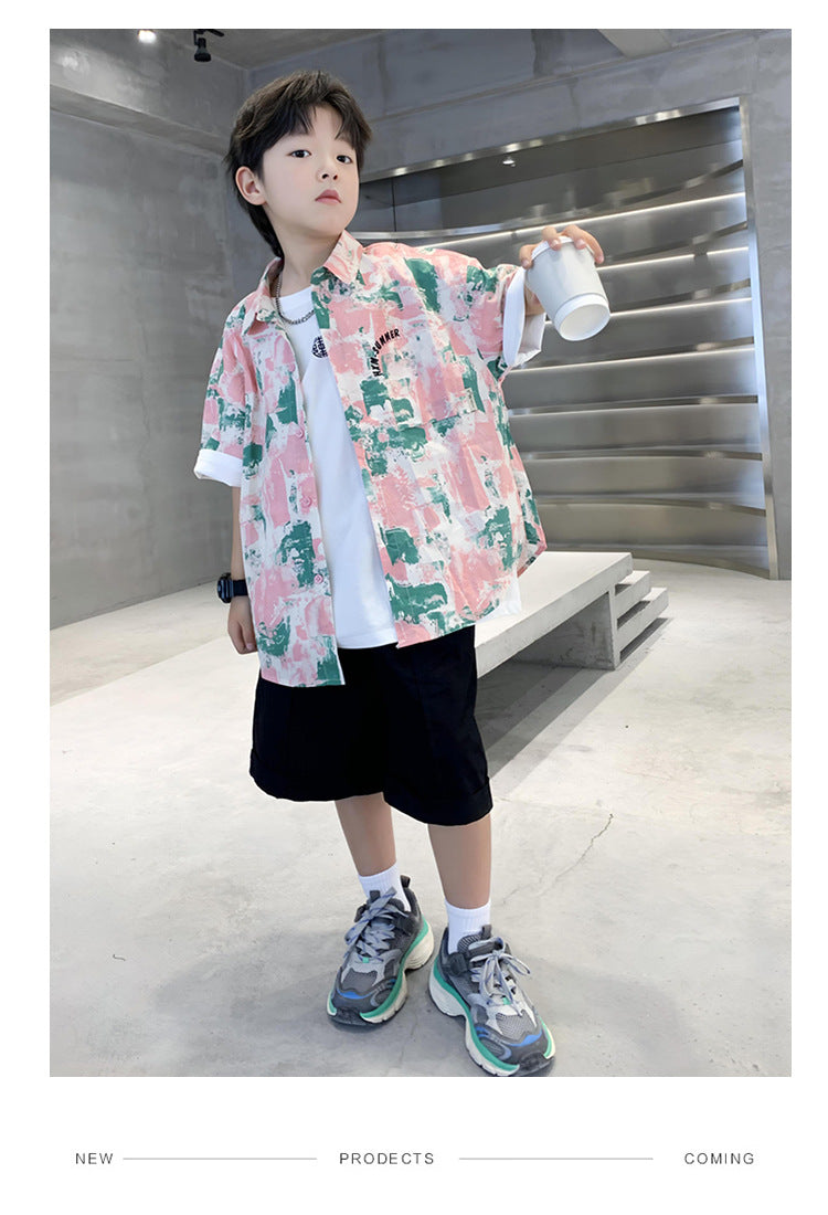 Boys Pink & Black Shirt Collar Printed Pure Cotton Shirt with Shorts