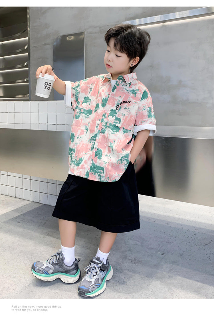 Boys Pink & Black Shirt Collar Printed Pure Cotton Shirt with Shorts