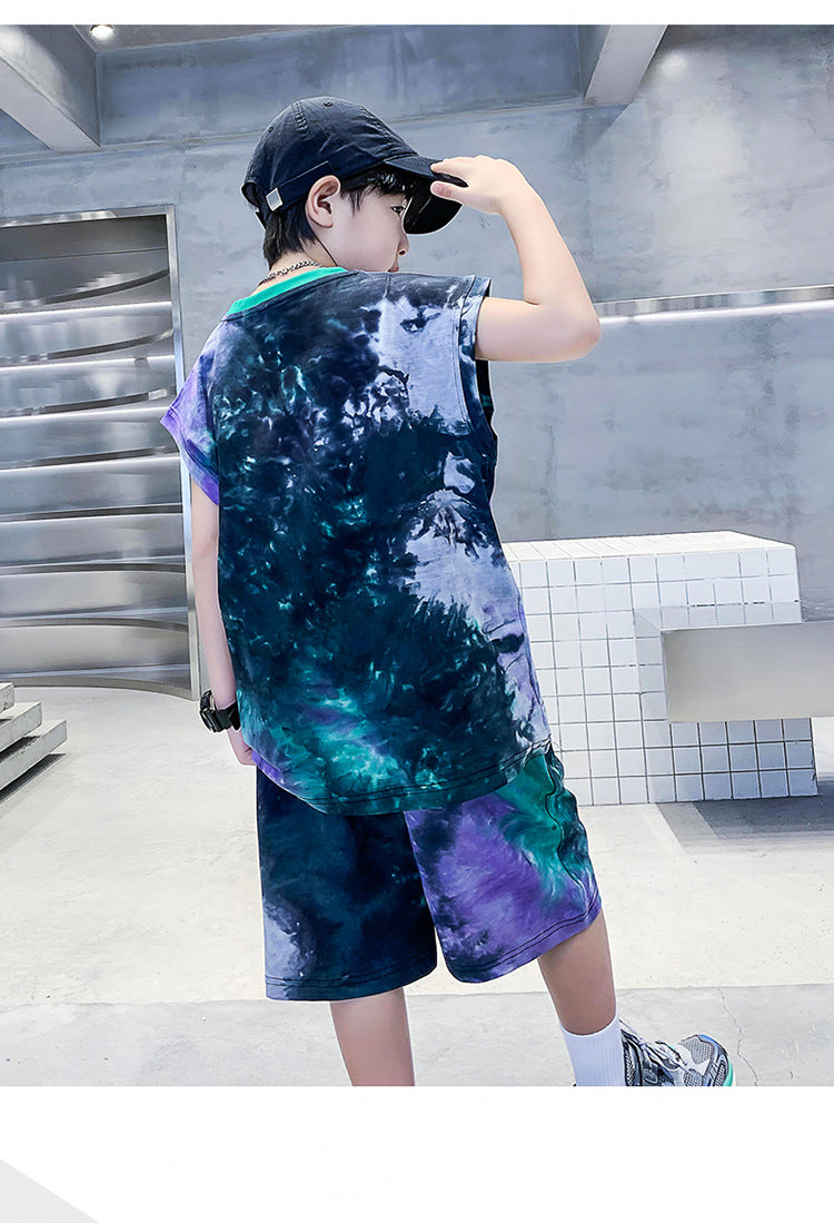 Boys Dyed Round Neck Short Sleeves T-shirt with Shorts