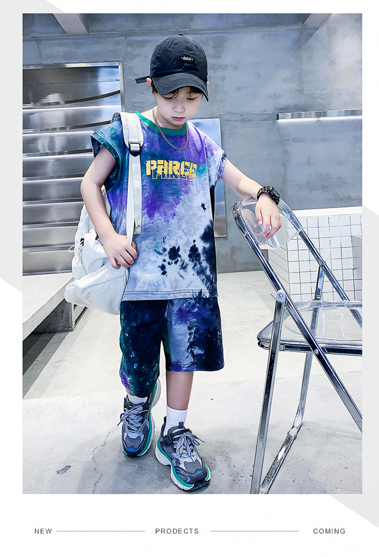 Boys Dyed Round Neck Short Sleeves T-shirt with Shorts