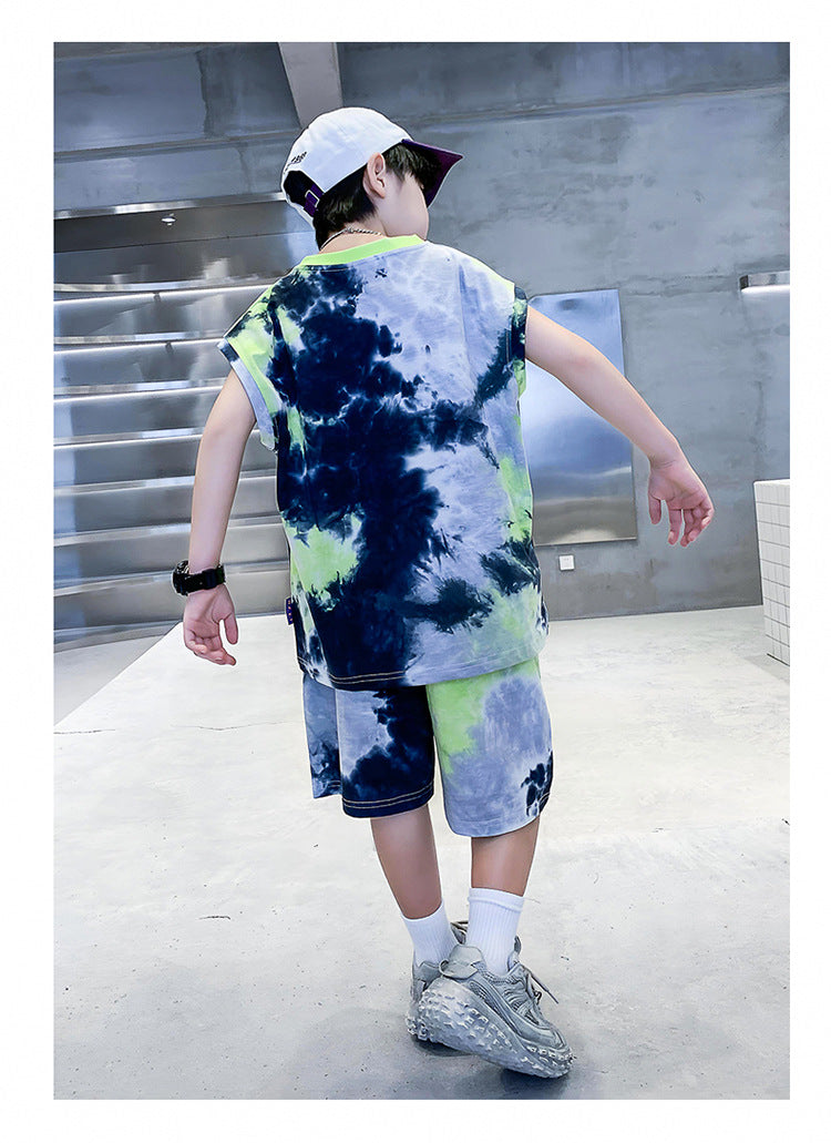 Boys Dyed Round Neck Short Sleeves T-shirt with Shorts