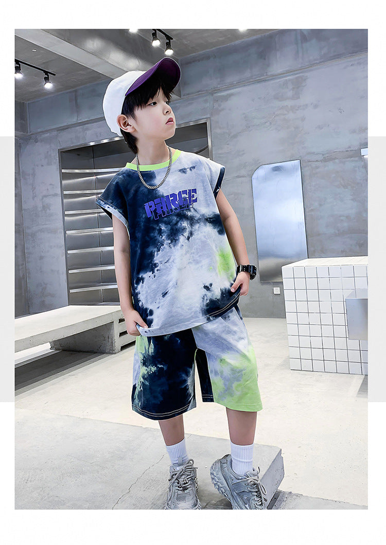 Boys Dyed Round Neck Short Sleeves T-shirt with Shorts