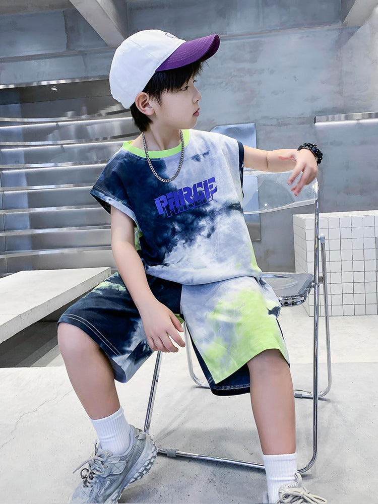 Boys Dyed Round Neck Short Sleeves T-shirt with Shorts