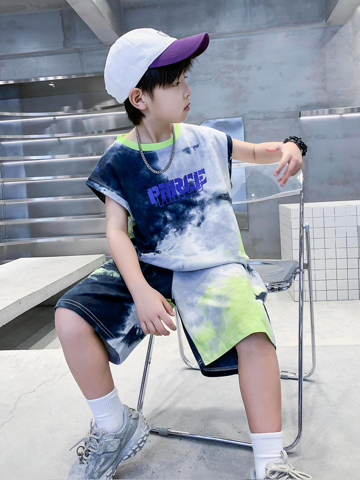 Boys Dyed Round Neck Short Sleeves T-shirt with Shorts
