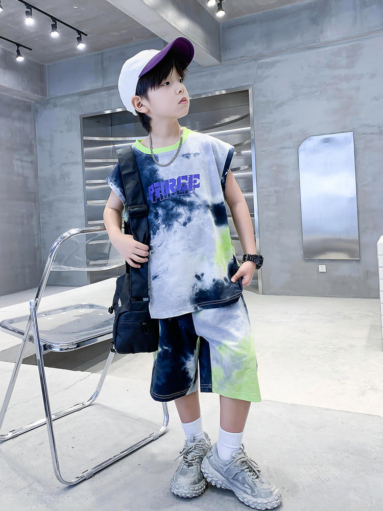Boys Dyed Round Neck Short Sleeves T-shirt with Shorts