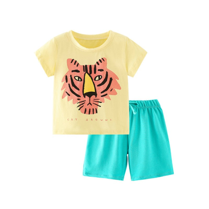 Boys Yellow & Sea Green Round Neck Printed Top with Shorts