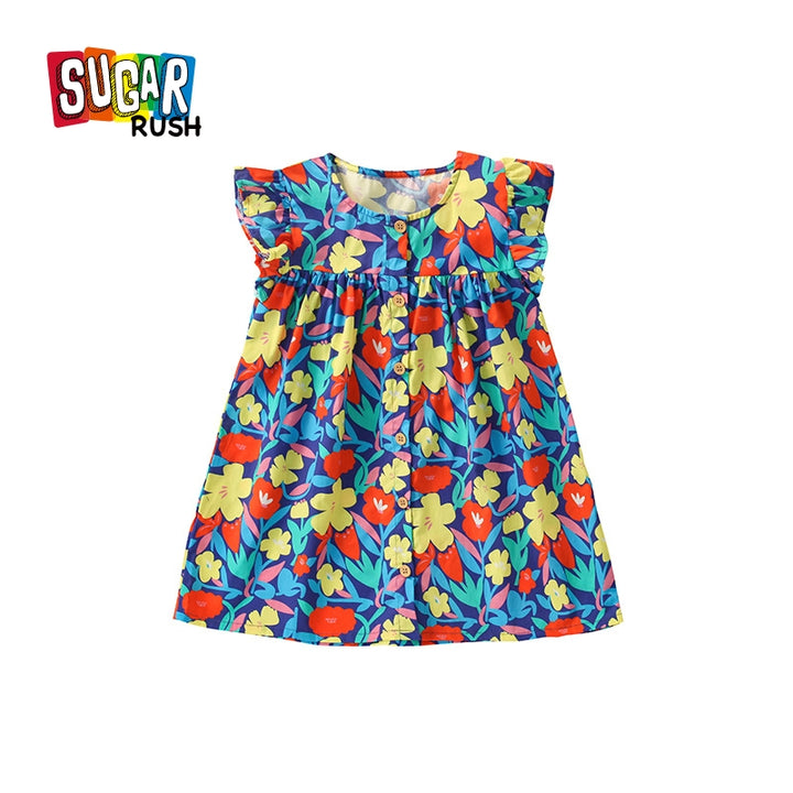 Girls Blue & Yellow loral Print Layered Cotton Empire Dress