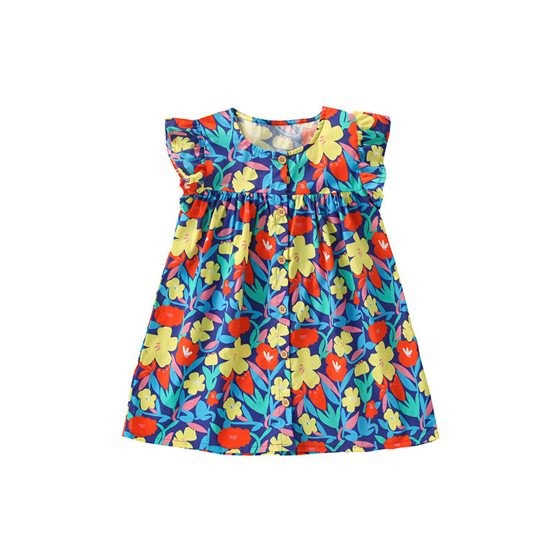 Girls Blue & Yellow loral Print Layered Cotton Empire Dress