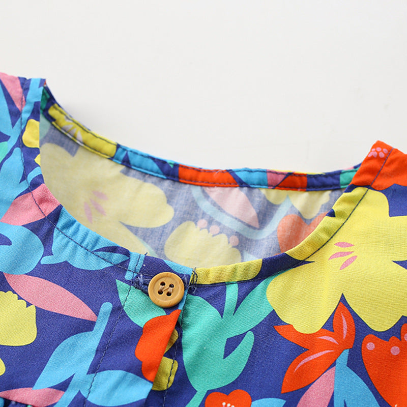 Girls Blue & Yellow loral Print Layered Cotton Empire Dress
