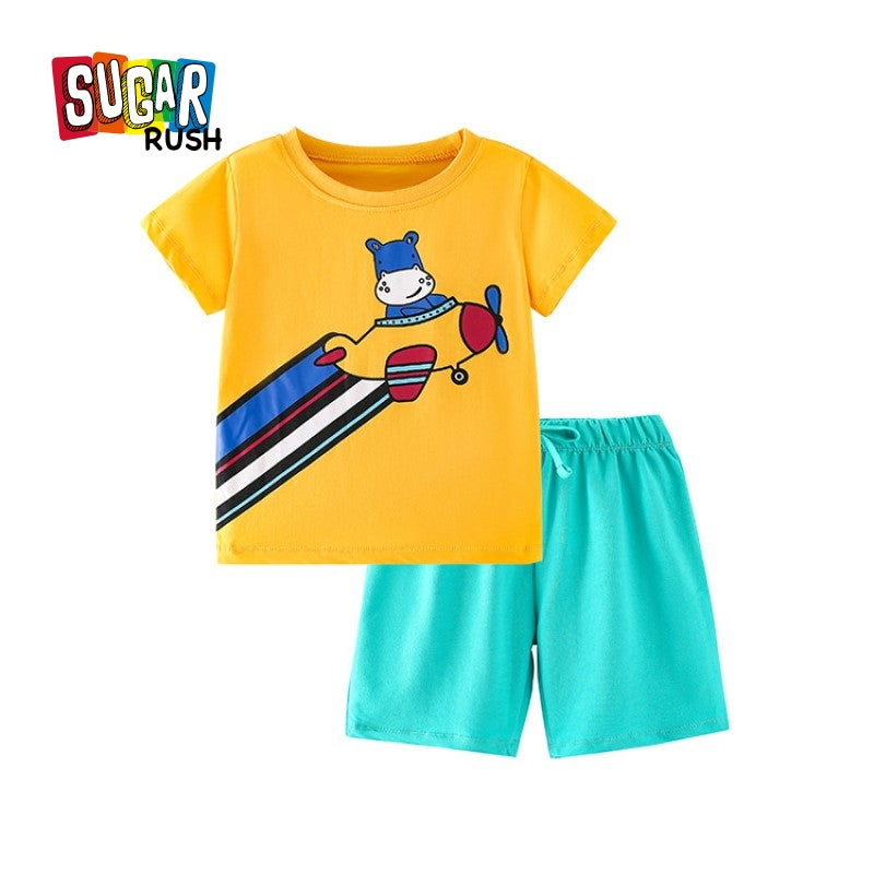 Boys Yellow & Blue Round Neck Printed T-shirt with Shorts