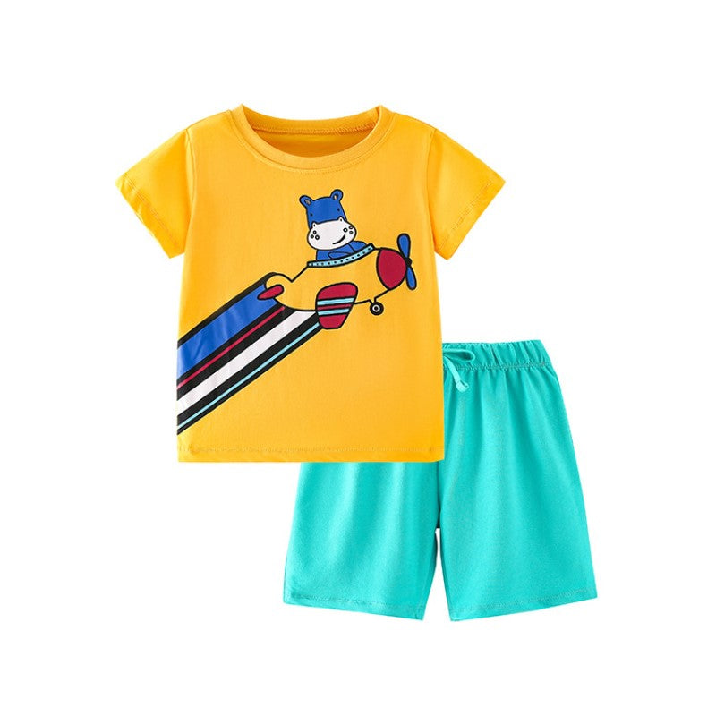 Boys Yellow & Blue Round Neck Printed T-shirt with Shorts