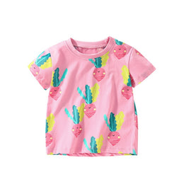Girls Round Neck Short Sleeves Floral Printed Cotton T-shirt