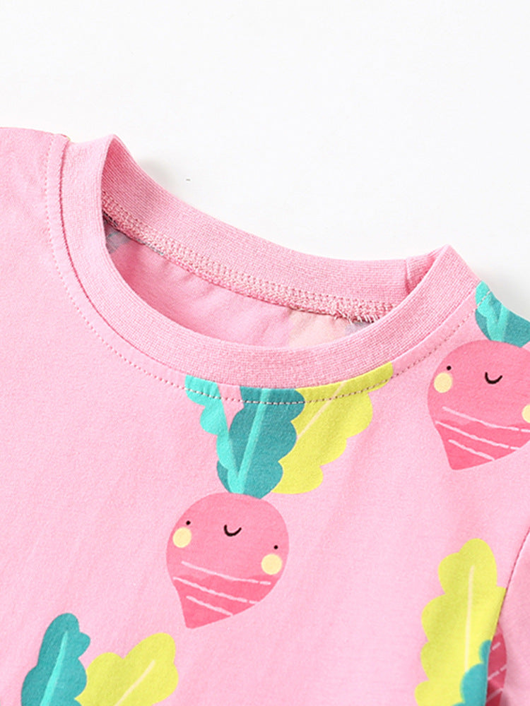 Girls Round Neck Short Sleeves Floral Printed Cotton T-shirt