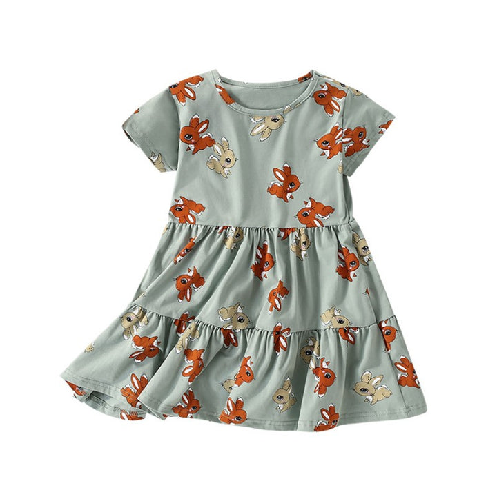 Girls Green Round Neck Floral Print Layered A-Line Dress