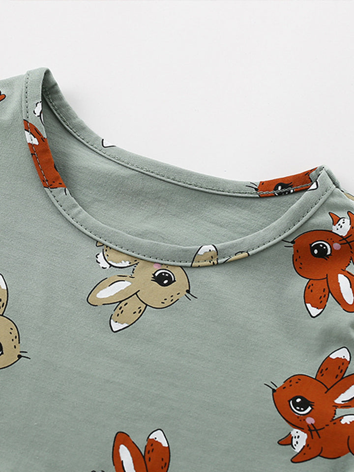 Girls Green Round Neck Floral Print Layered A-Line Dress